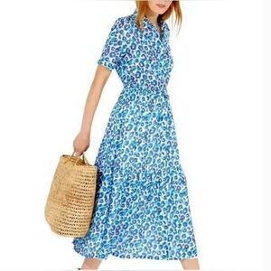 Vilagallo Eveline Blue Leopard Animal Print Midi Dress Short Sleeves Size Large